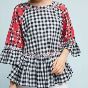 ANTHROPOLOGIE PANKAJ & NIDHI WOMENS GINGHAM SWING TUNIC BLOUSE SZ MEDIUM FLORAL